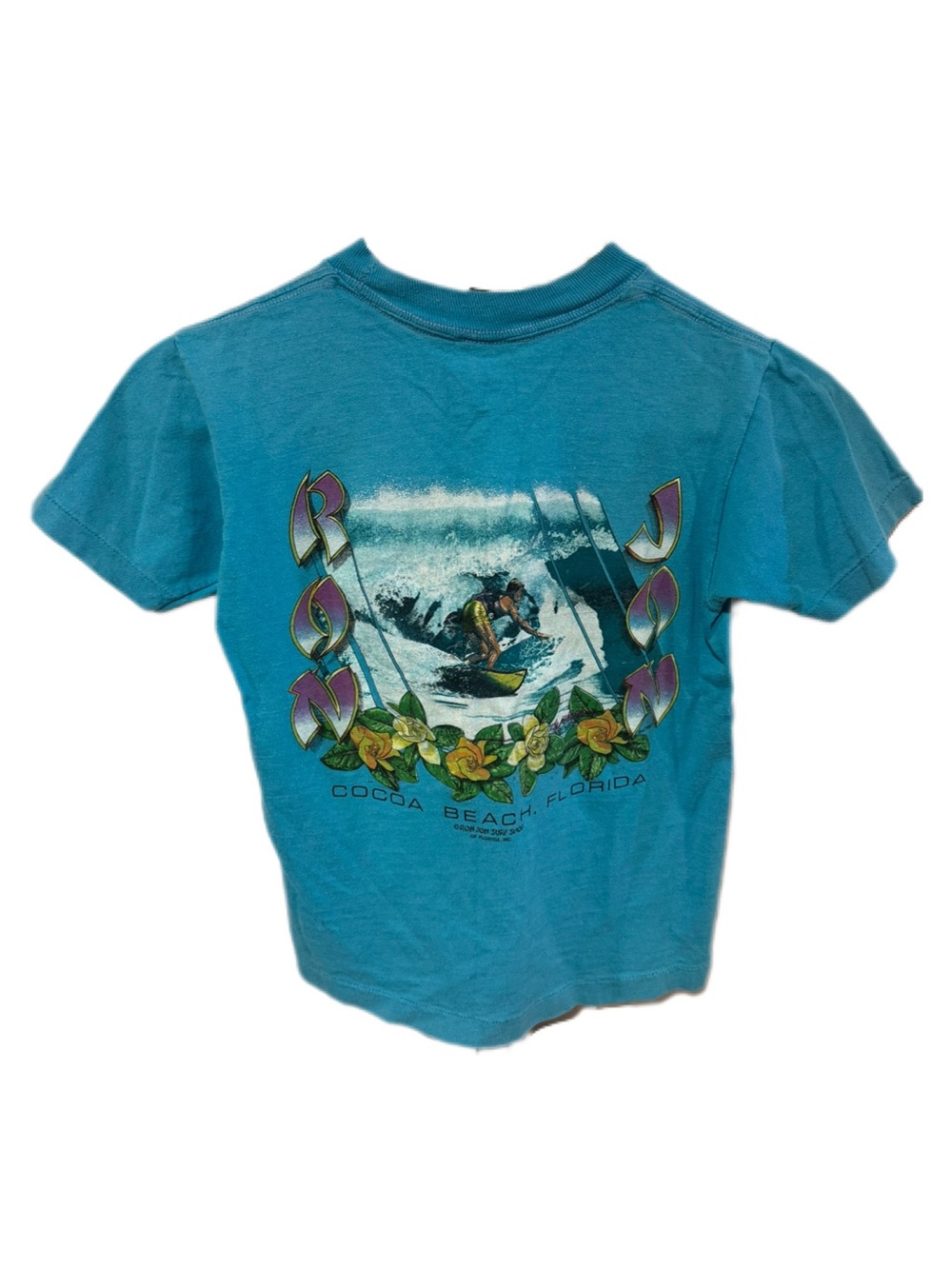 Kids Surfing Tee Vintage Made in USA Ron John Surf Shop Sz Medium Teal